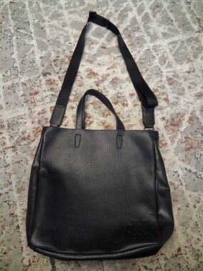 Calvin Klein Black Leather Messenger Tote with Adjustable Strap